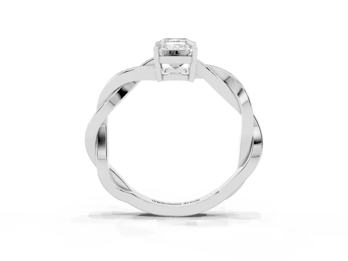 Emerald Cut Solitaire Twisted Pave Diamond Ring with Four-Prong Setting Silver