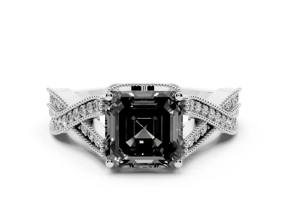 Fancy Black Asscher Cut Cut Diamond Twisted Band with Milgrain Pave Setting and Four-Prong Setting Silver