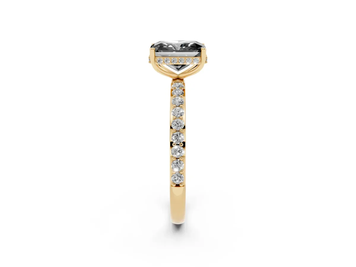 Fancy Black Radiant Cut Diamond Solitaire Ring with Pavé Band and Hidden Halo Yellow gold