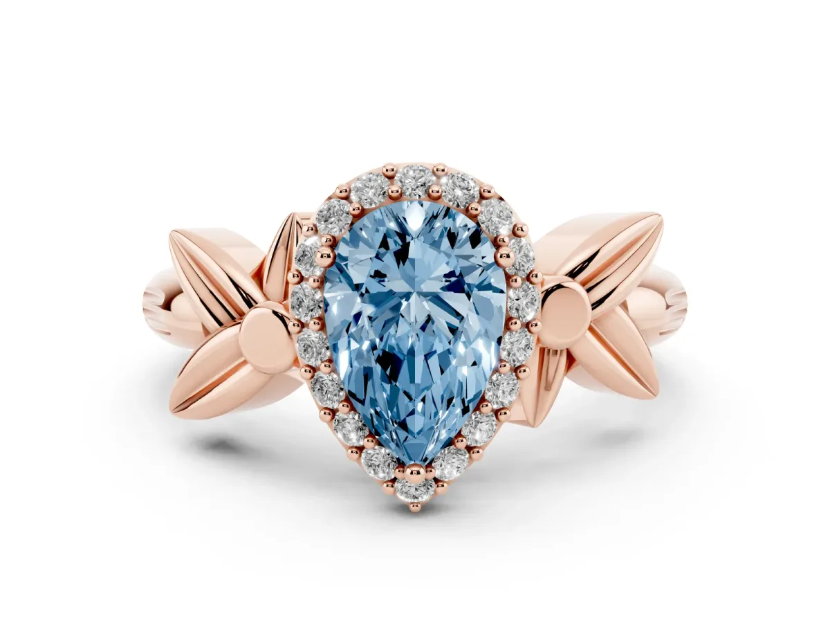 Fancy Blue Pear Cut Halo Diamond Floral Band with Four-Prong Setting Rose gold