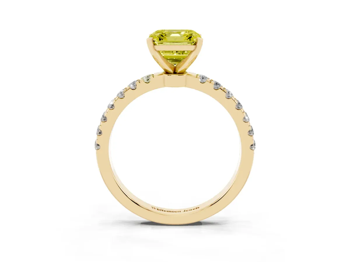 Fancy Yellow Asscher Cut Diamond Solitaire Ring with Pavé Accents and Four-Prong Setting Yellow gold