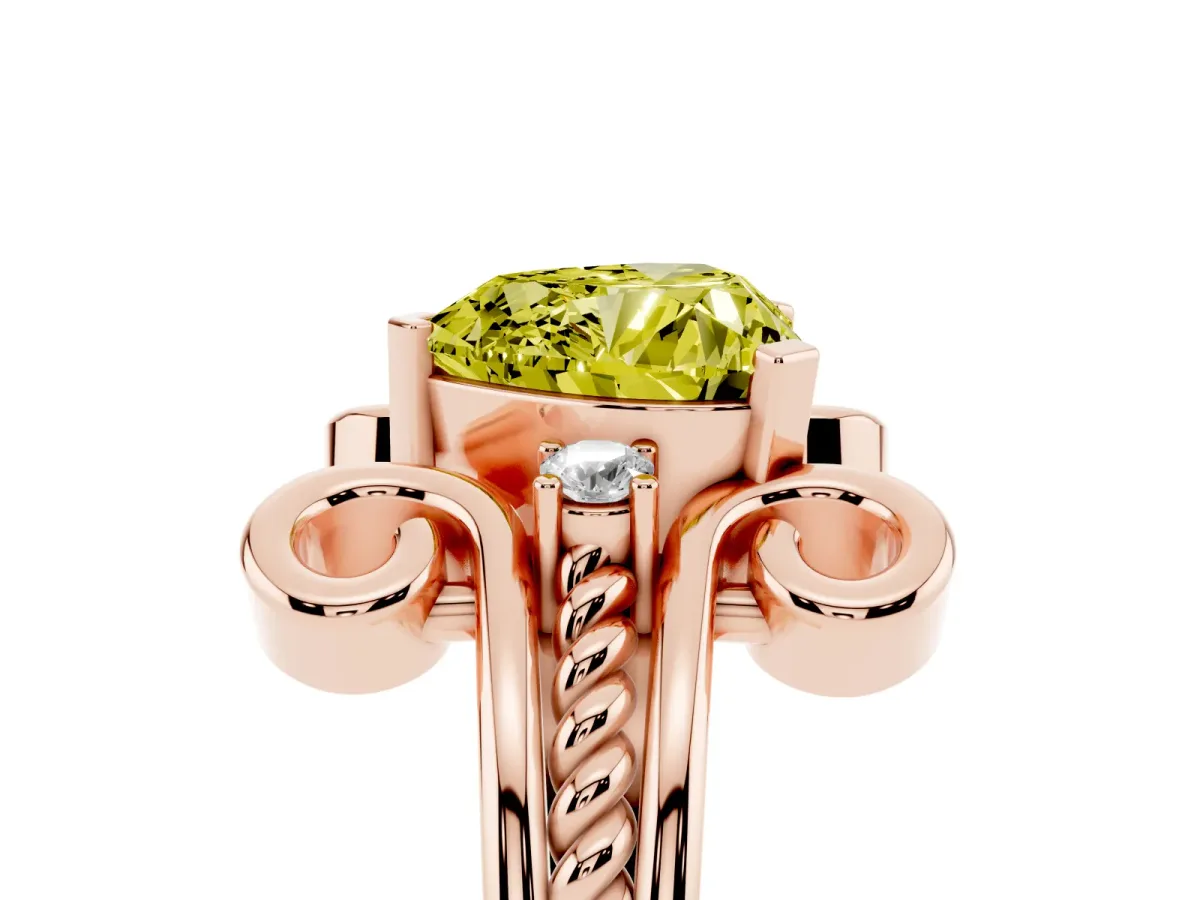 Fancy Yellow Heart Cut Solitaire Twisted Band Scroll Prong Ring Rose gold