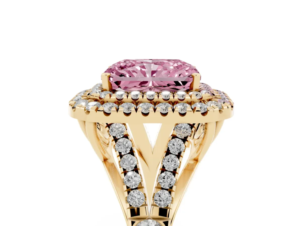 Fancy Pink Double Halo Radiant Cut Diamond Split Shank Engagement Ring with Four-Prong Setting Yellow gold