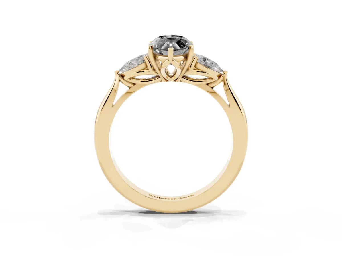 Fancy Black Marquise Cut Diamond Three-Stone Ring with Pear Side Stones and Prong Setting Yellow gold