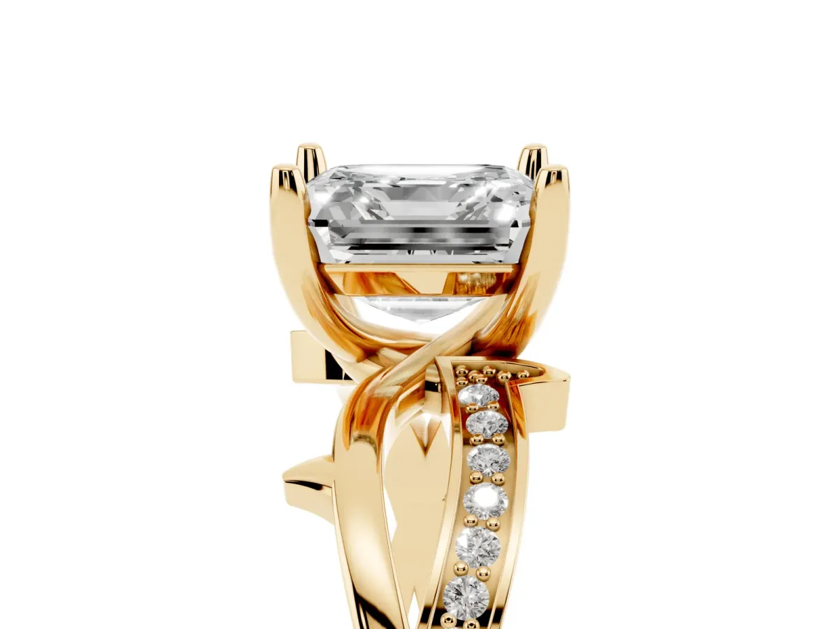 Asscher Cut Solitaire Twist Band with Pavé Accents and Four-Prong Setting Yellow gold