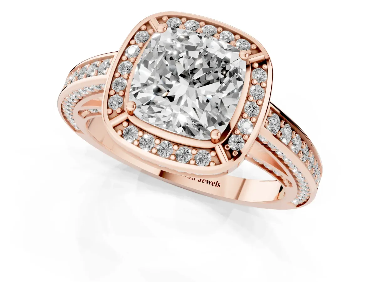 Cushion Cut Cut Halo Pave Split Shank Prong Setting Ring Rose gold