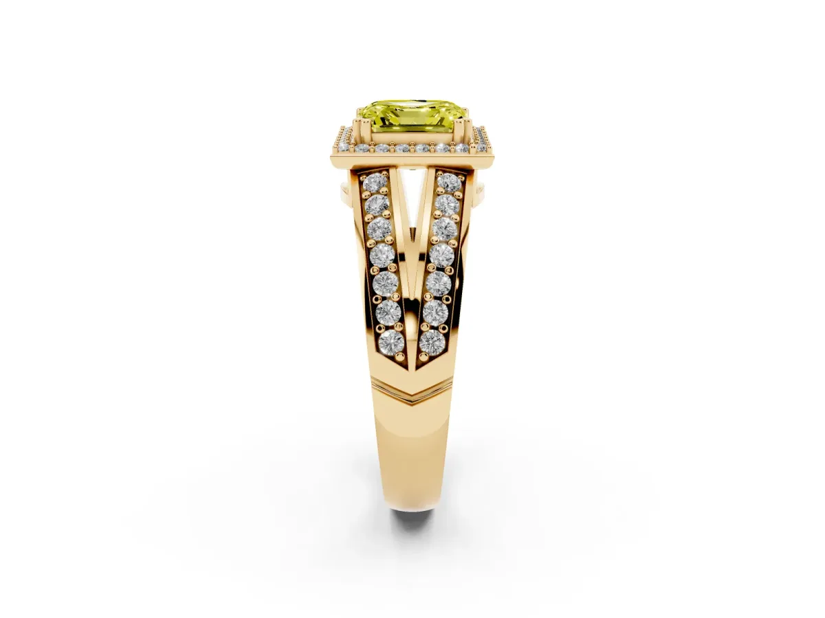 Fancy Yellow Asscher Cut Diamond Halo Ring with Split Shank Pavé Band and Four-Prong Setting Yellow gold
