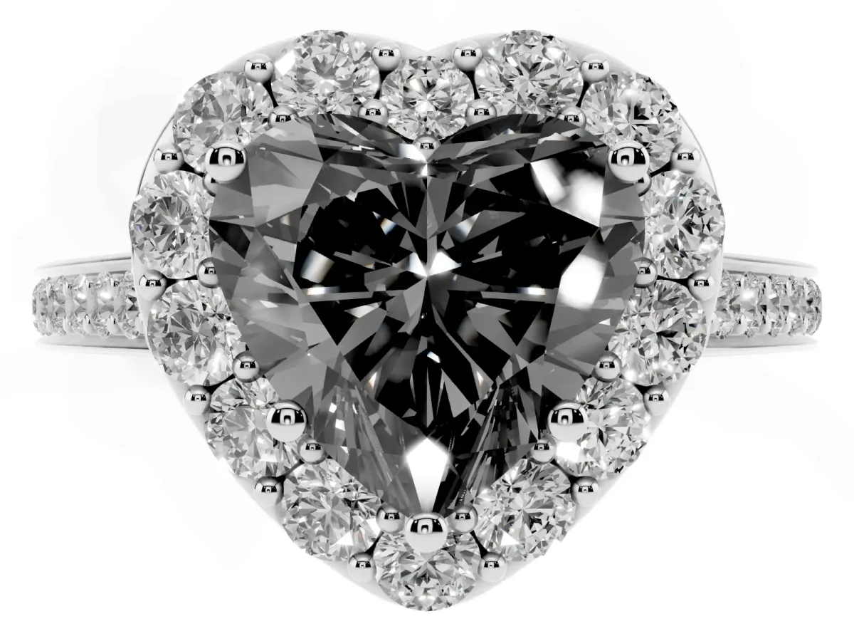 Fancy Black Heart Cut Diamond Floral Halo Ring with Pavé Band and Prong Setting White gold