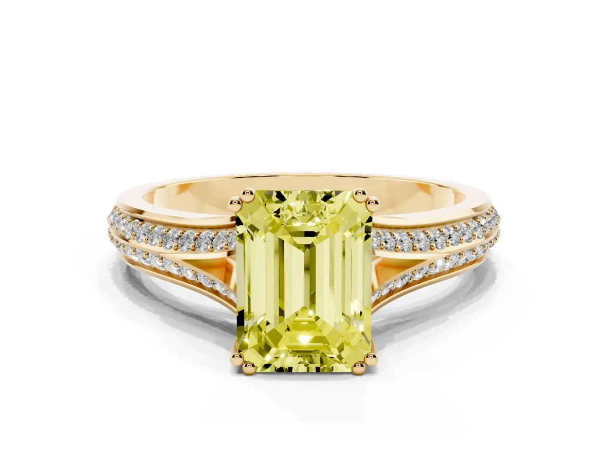 Fancy Yellow Emerald Cut Diamond Split Shank Engagement Ring with Pavé Band Yellow gold