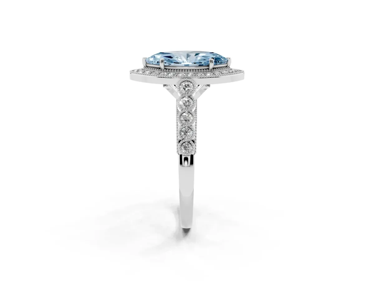 Fancy Blue Marquise Cut Halo Milgrain Solitaire with Bezel Set Side Stones and Pave Band Silver