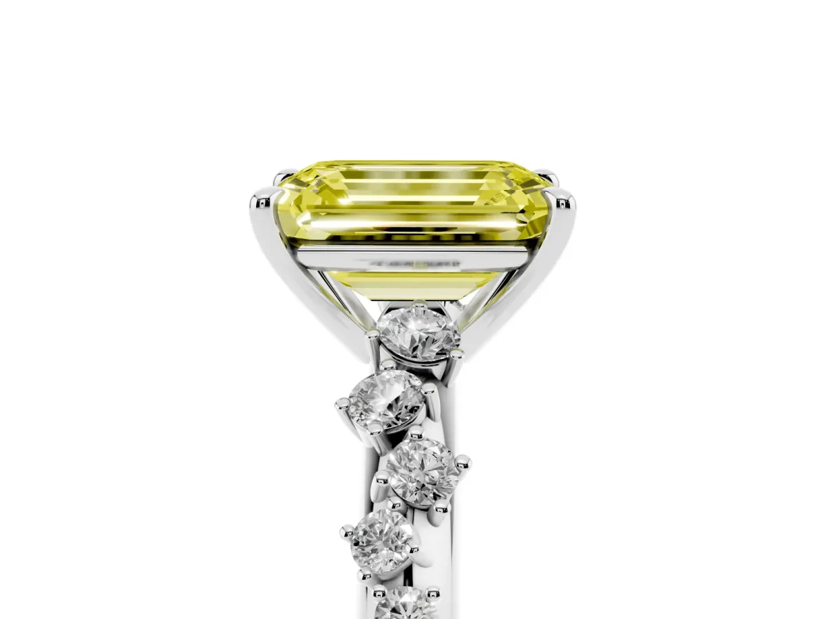 Fancy Yellow Emerald Cut Diamond Cluster Side Stone Solitaire Ring with Prong Setting Silver