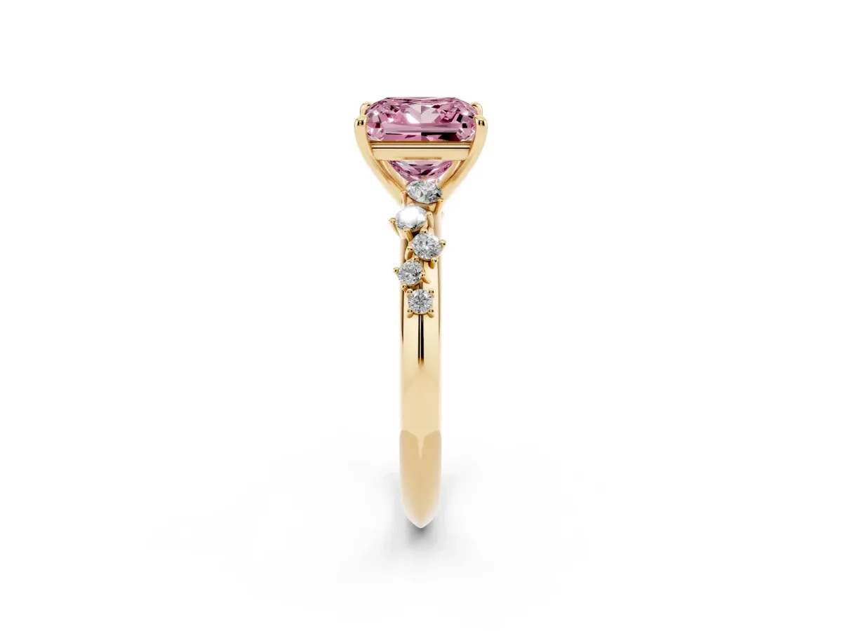 Fancy Pink Princess Cut Diamond Cluster Side Stone Solitaire Ring with Prong Setting Yellow gold