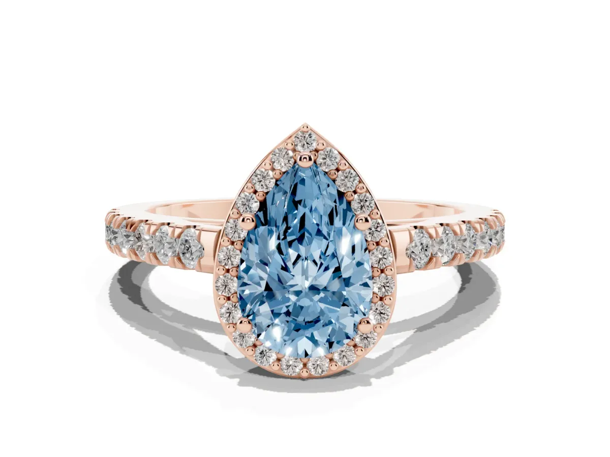 Fancy Blue Pear Cut Cut Halo Diamond Engagement Ring with Pave Band and Four-Prong Setting Rose gold