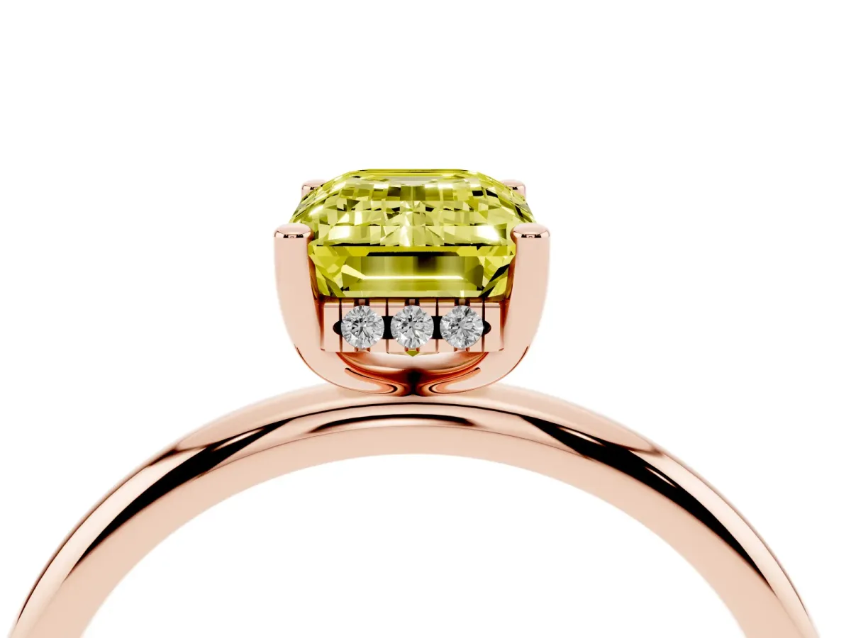 Fancy Yellow Emerald Cut Cut Solitaire Engagement Ring with Four-Prong Setting and Classic Band Rose gold