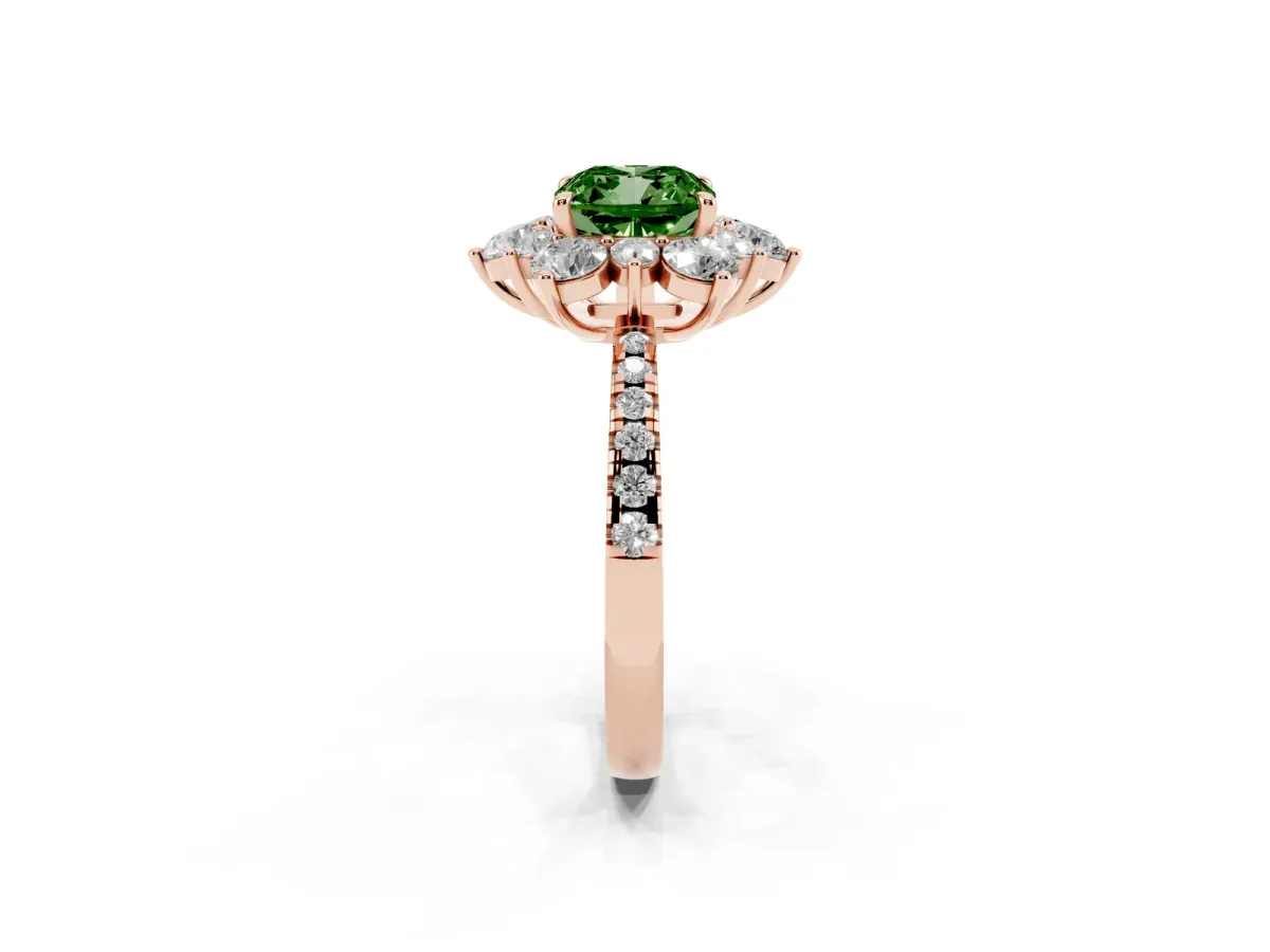 Fancy Green Cushion Cut Diamond Floral Halo Ring with Round Pavé Band and Prong Setting Rose gold
