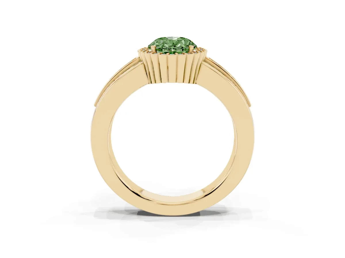Fancy Green Oval Cut Cut Halo Pave Band Four-Prong Ring Yellow gold