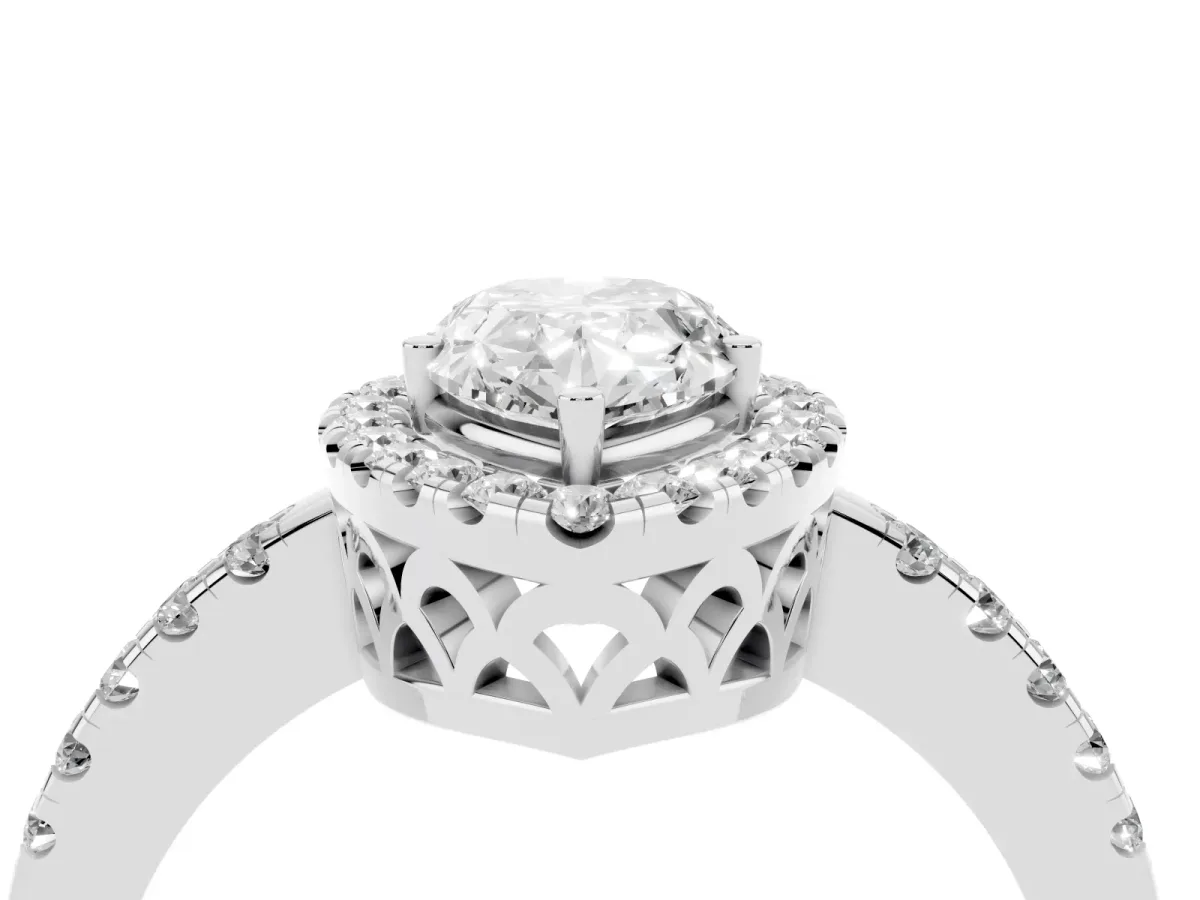 Pear Cut Halo Diamond Engagement Ring with Pavé Band and Four-Prong Setting White gold