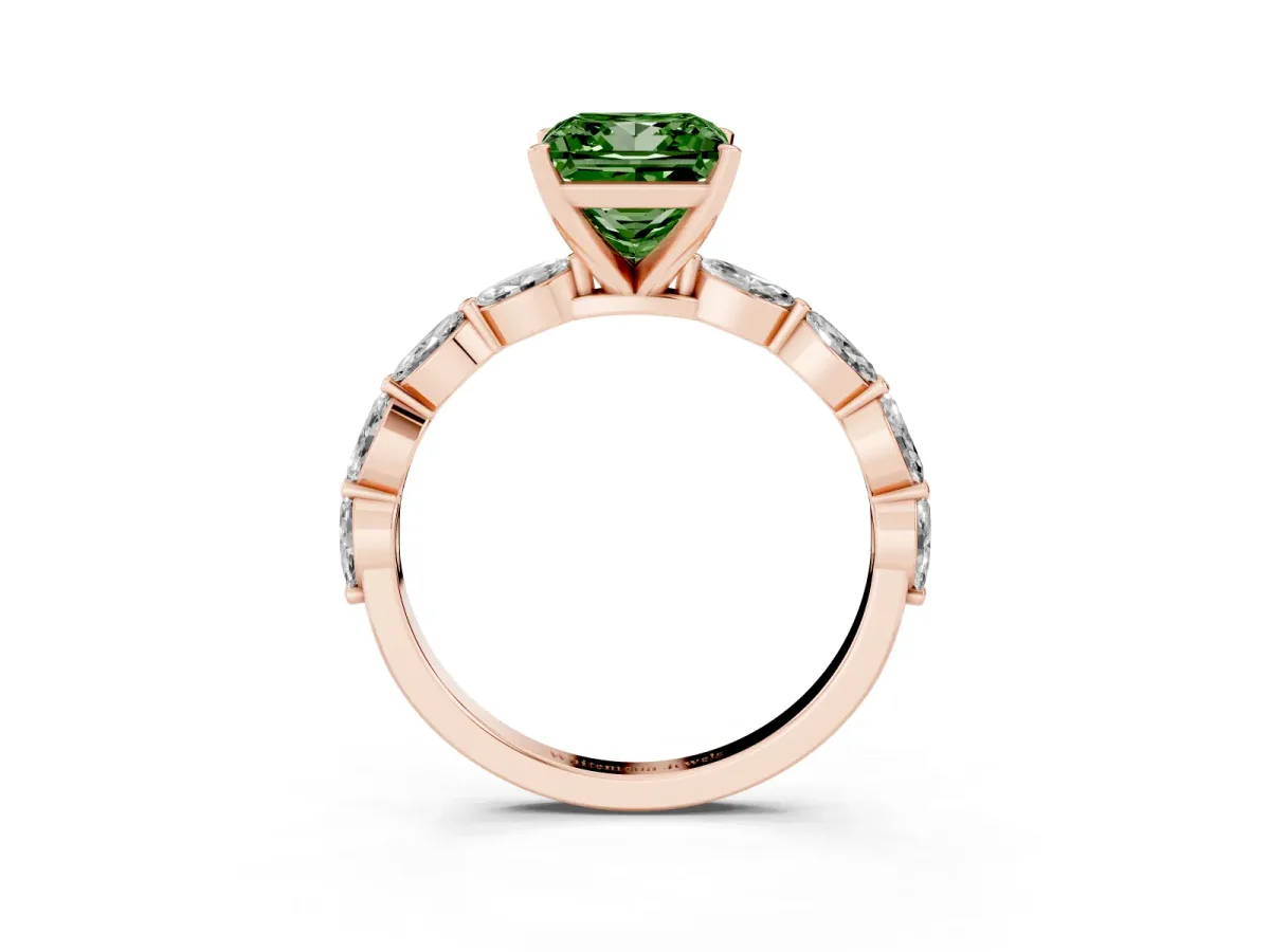 Fancy Green Princess Cut Diamond Ring with Marquise Side Stones and Prong Setting Rose gold