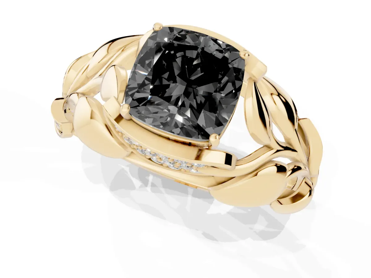 Fancy Black Cushion Cut Diamond Leaf-Inspired Engagement Ring with Round Accents and Prong Setting Yellow gold