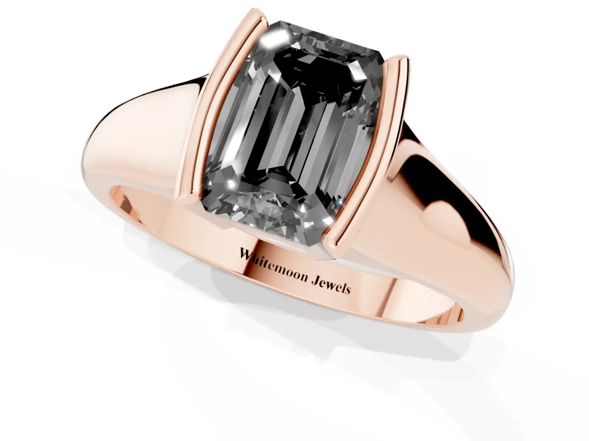 Fancy Black Emerald Cut Solitaire Tension Set Diamond Ring with Split Shank Band Rose gold