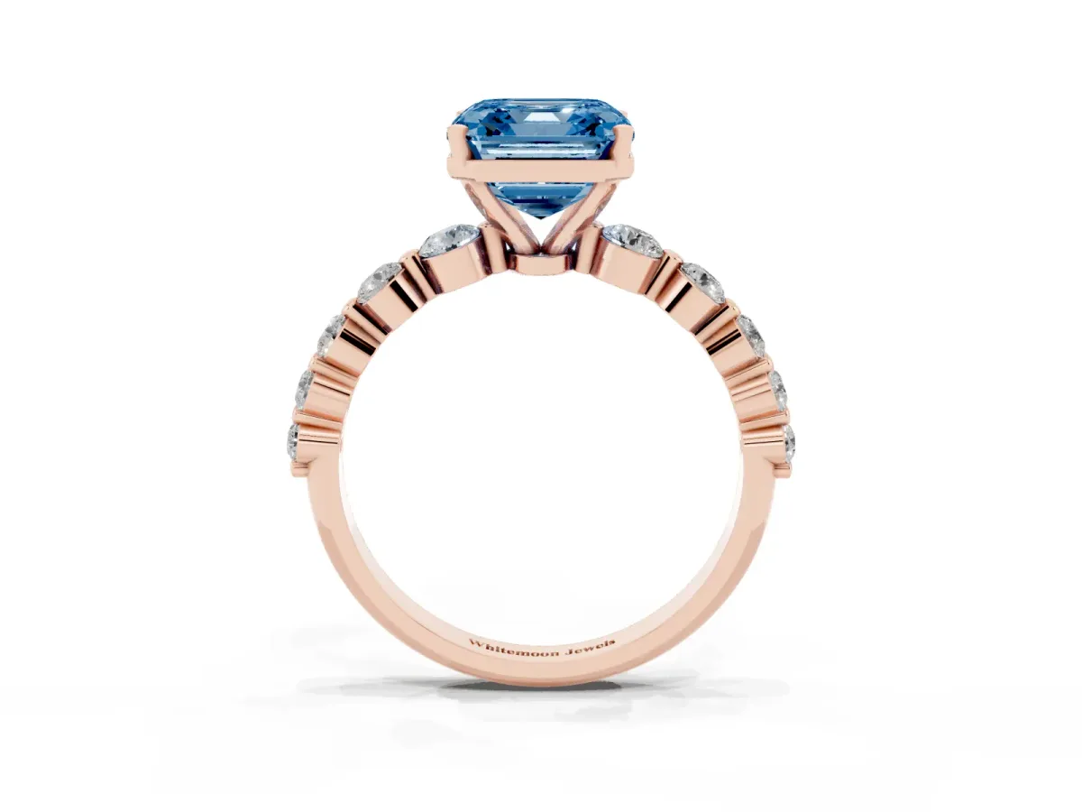 Fancy Blue Asscher Cut Solitaire Diamond Ring with Pave Band and Four-Prong Setting Rose gold