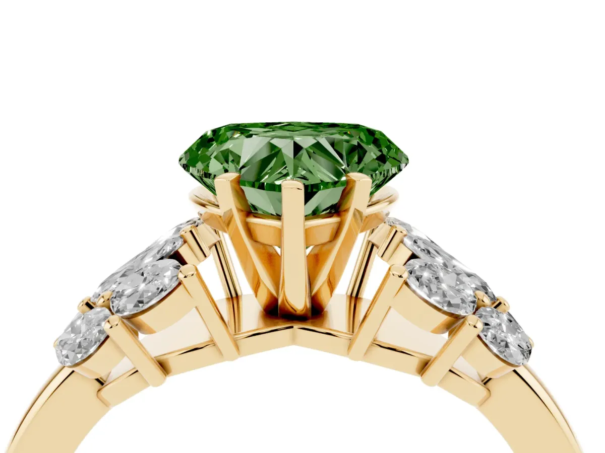 Fancy Green Heart Cut Diamond Cluster Leaf Design Ring with Prong Setting Yellow gold