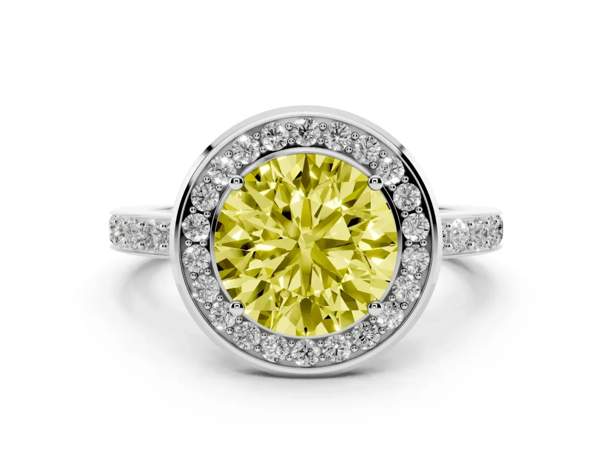 Fancy Yellow Round Cut Diamond Halo Ring with Bezel Frame and Pavé Band Silver