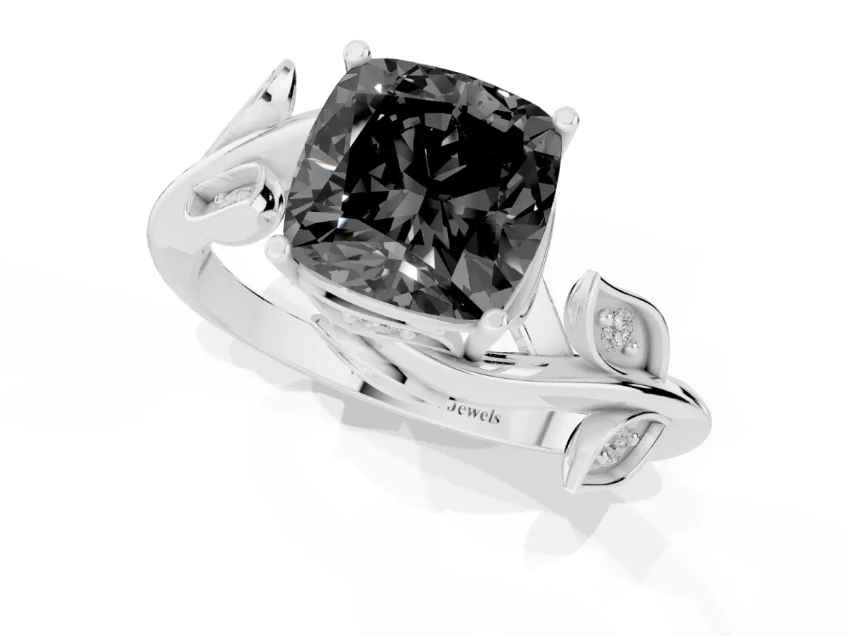 Fancy Black Cushion Cut Solitaire Twist Engagement Ring with Leaf Accents and Prong Setting Silver