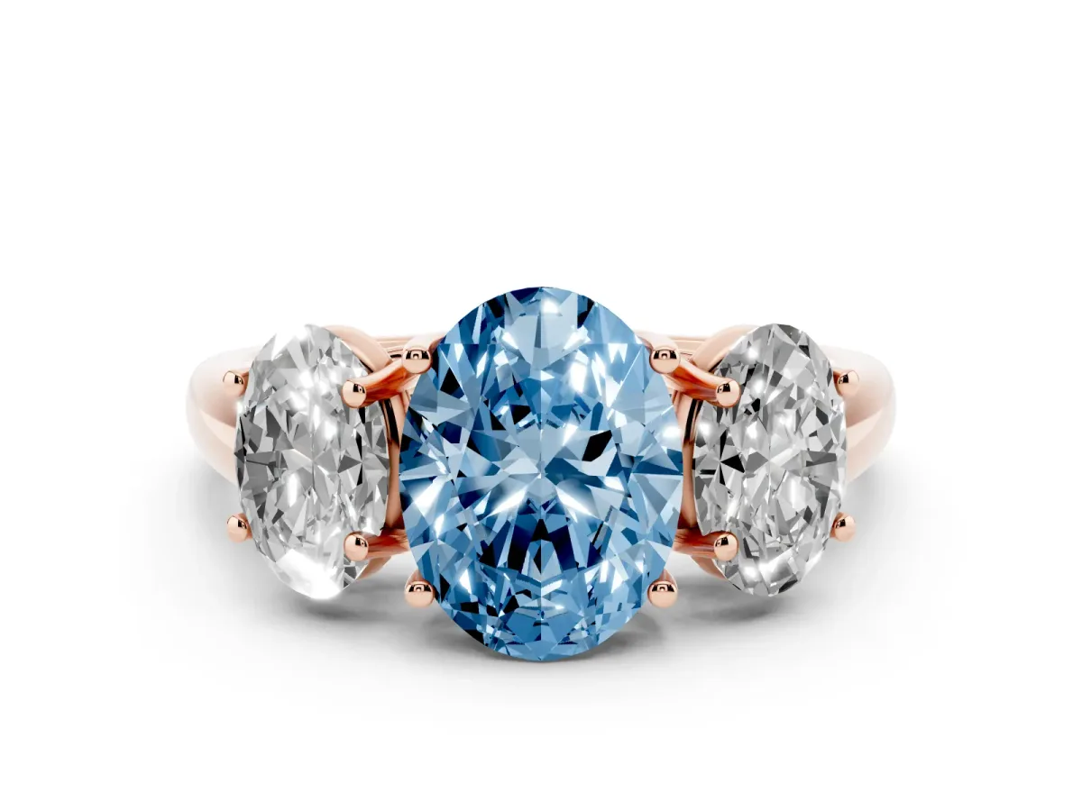 Fancy Blue Three-Stone Oval Cut Diamond Engagement Ring with Prong Setting Rose gold
