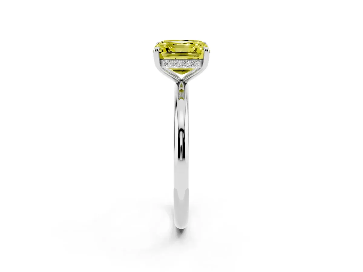 Fancy Yellow Asscher Cut Diamond Solitaire Ring with Thin Band and Four-Prong Setting Silver