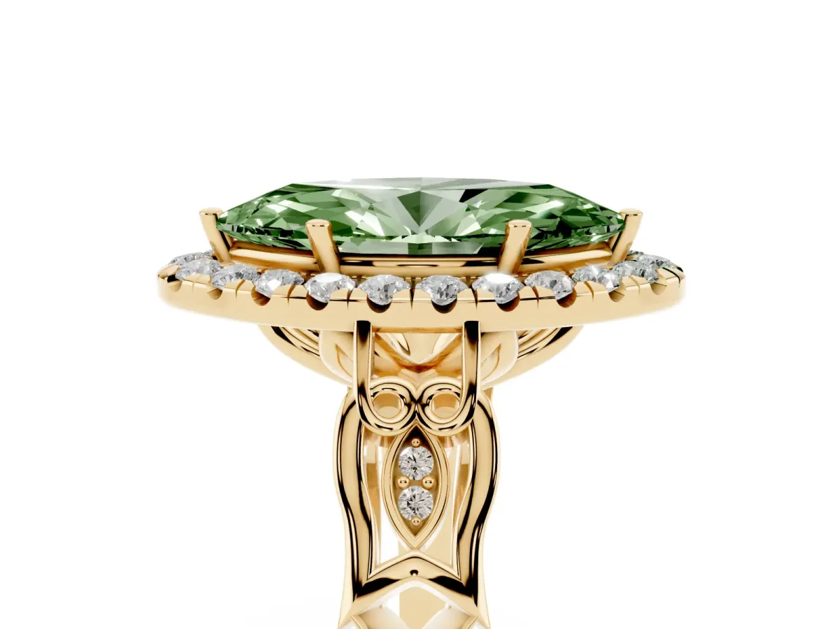 Fancy Green Marquise Cut Halo Diamond Engagement Ring with Filigree Band and Four-Prong Setting Yellow gold