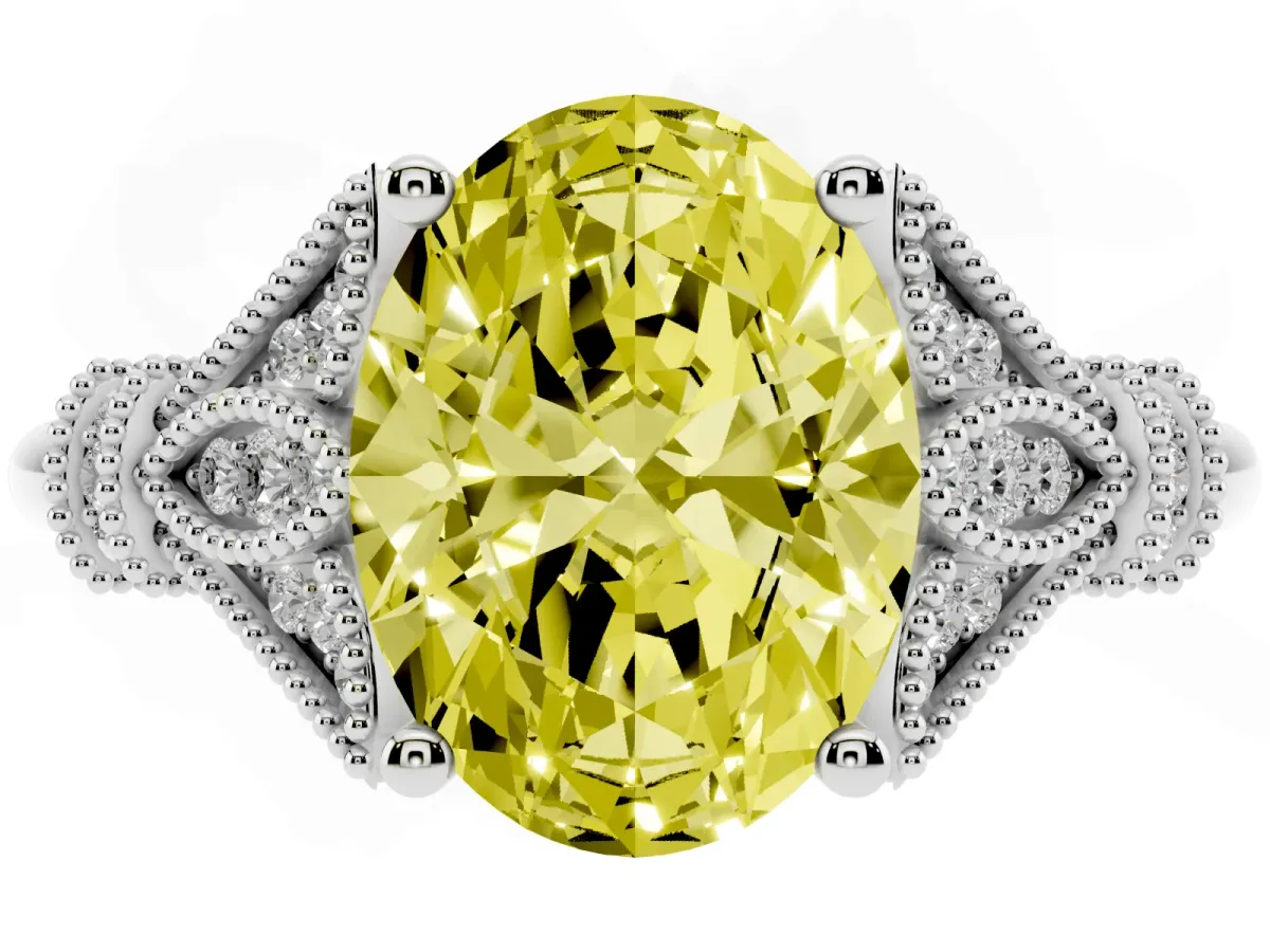 Fancy Yellow Oval Cut Diamond Solitaire Ring with Floral Filigree and Pave Accents White gold