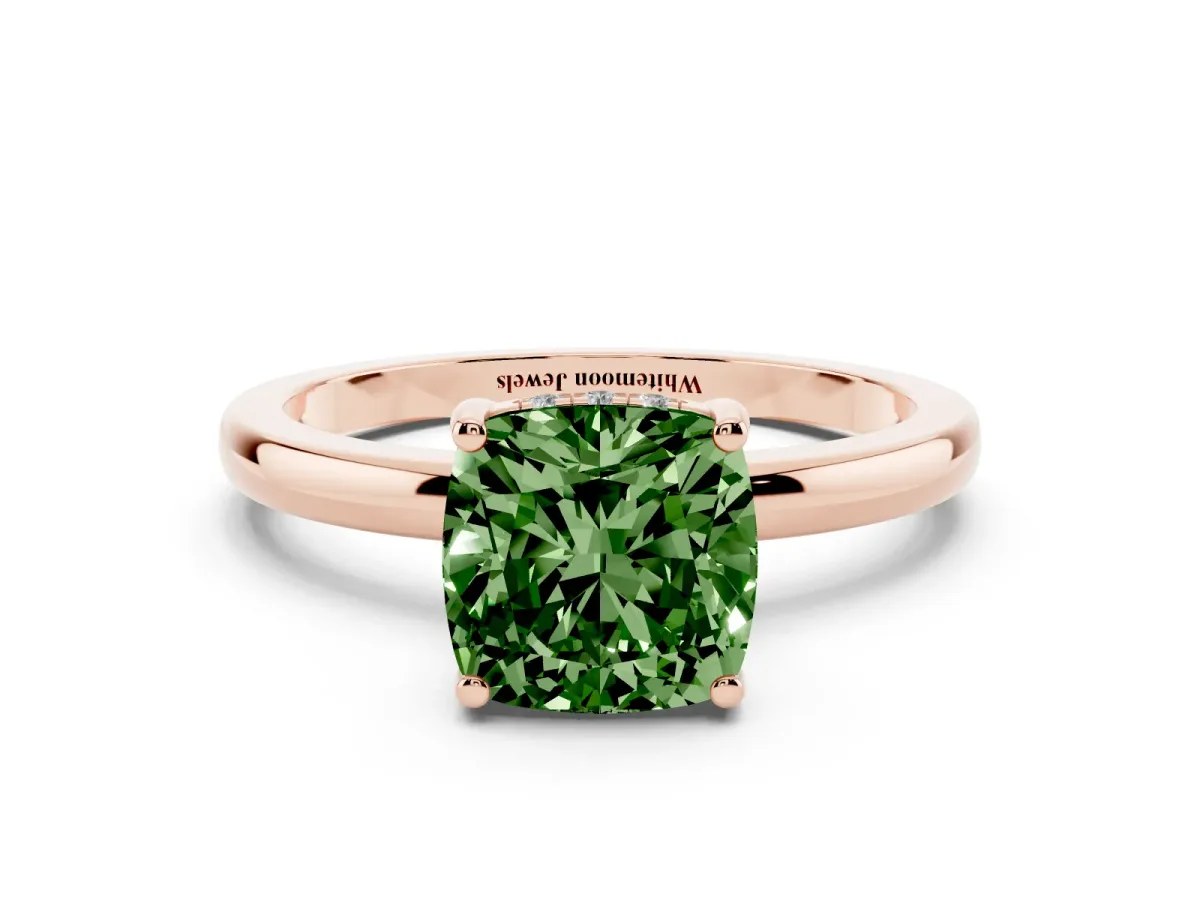 Fancy Green Cushion Cut Solitaire Diamond Ring with Prong Setting and Plain Band Rose gold