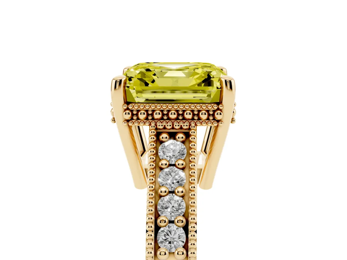 Fancy Yellow Asscher Cut Solitaire Pavé Diamond Milgrain Engagement Ring with Four-Prong Setting Yellow gold