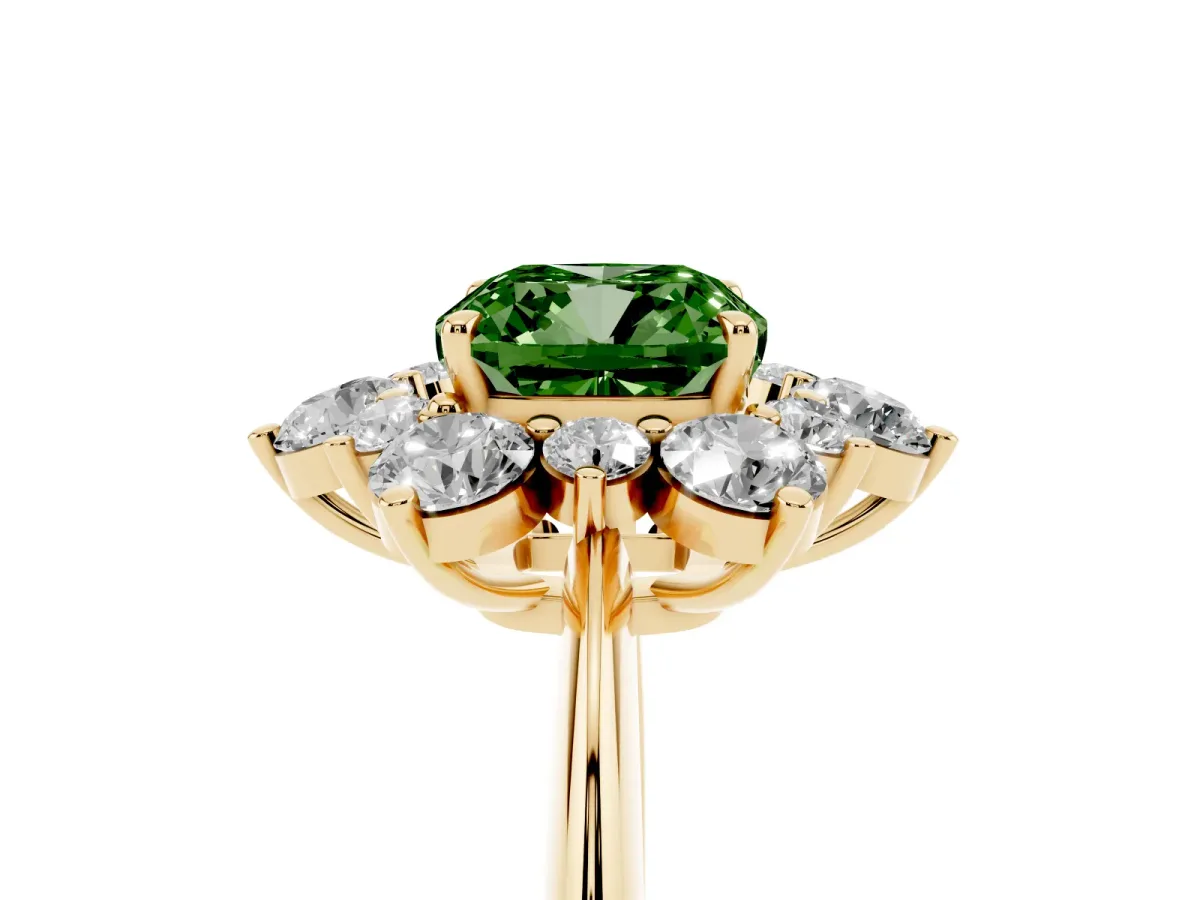 Fancy Green Cushion Cut Diamond Cluster Halo Ring with Solitaire Band and Four-Prong Setting Yellow gold