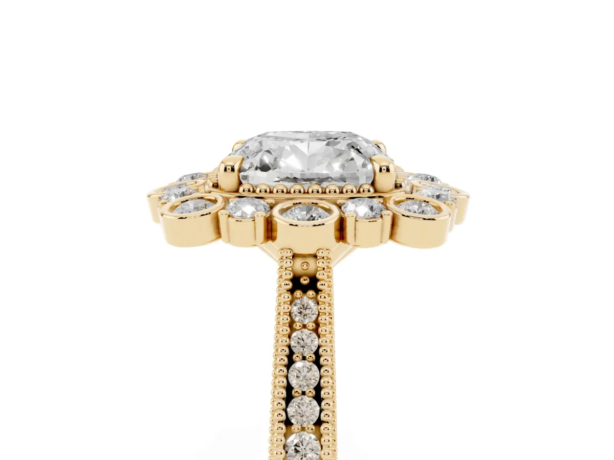 Cushion Cut Halo Milgrain Pave Diamond Ring with Four-Prong Setting Yellow gold