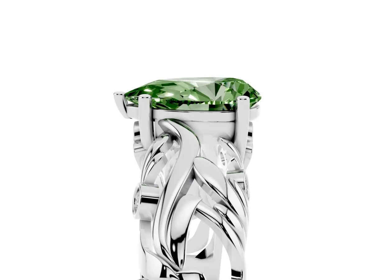 Fancy Green Pear Cut Solitaire Diamond Leaf-Inspired Vine Band Ring with Prong Setting Silver
