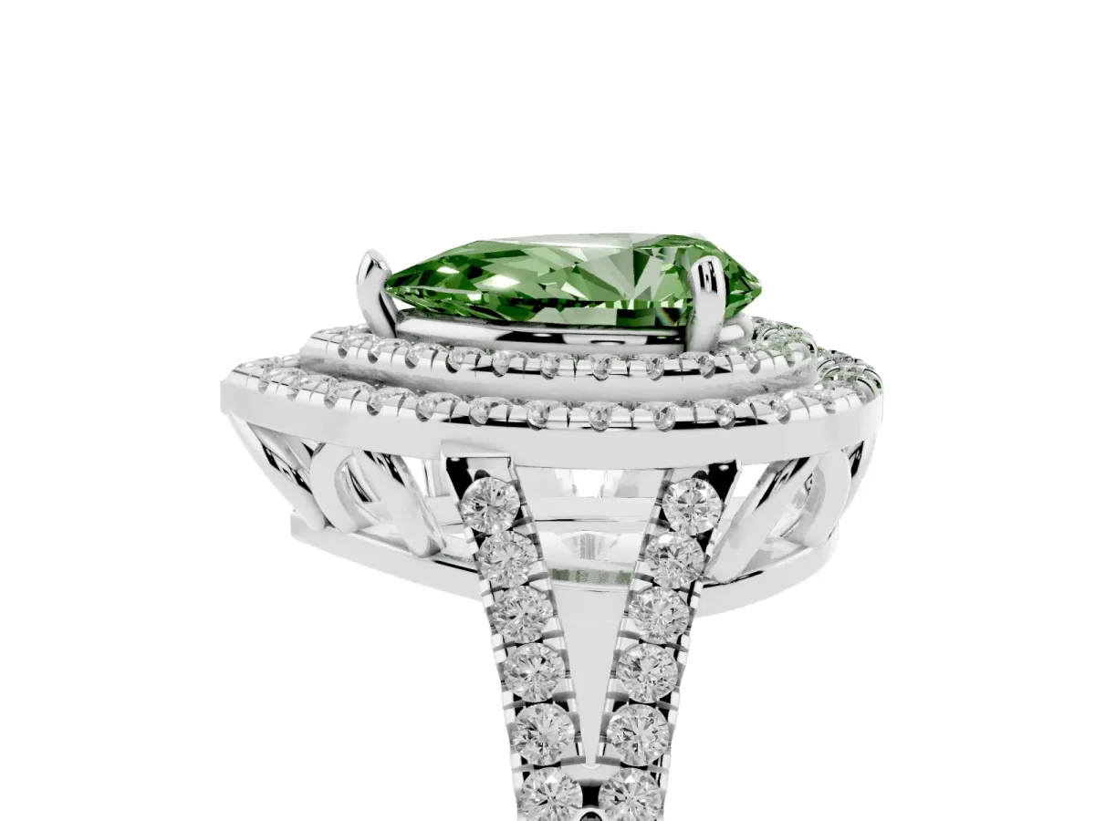 Fancy Green Pear Cut Diamond Double Halo Ring with Pavé Band and Prong Setting Silver
