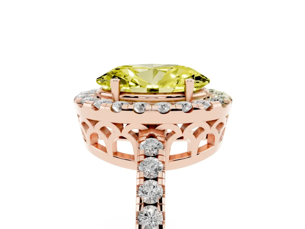 Fancy Yellow Oval Cut Halo Diamond Engagement Ring with Pavé Band and Four-Prong Setting Rose gold