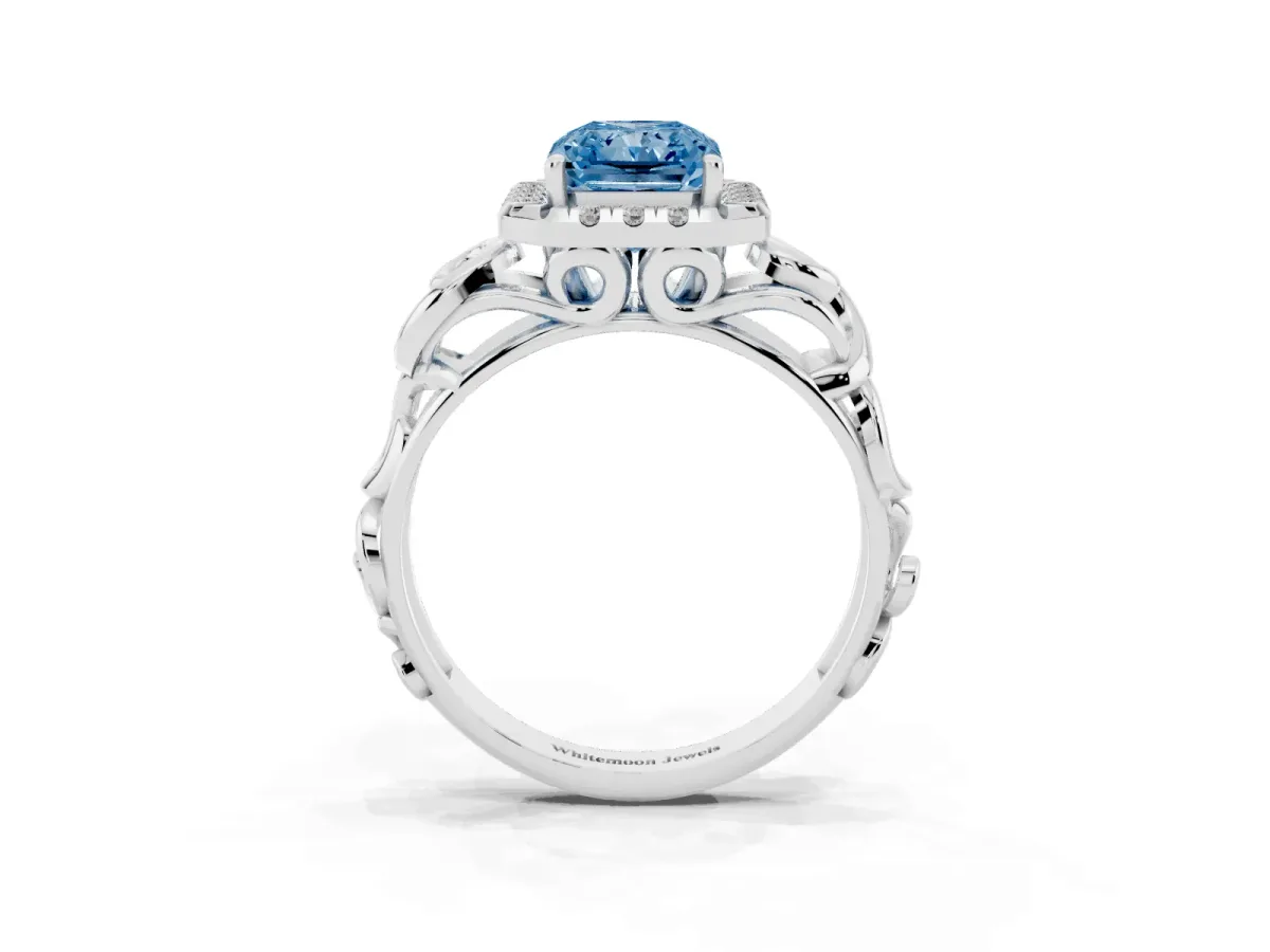 Fancy Blue Radiant Cut Cut Halo Diamond Ring with Scrollwork Band and Four-Prong Setting Silver