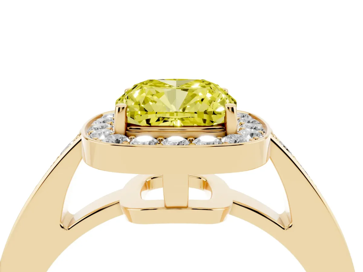 Fancy Yellow Cushion Cut Halo Pavé Diamond Engagement Ring with Bezel Setting Yellow gold