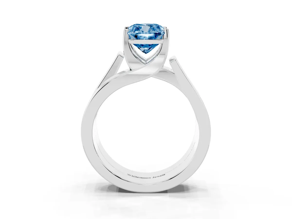 Fancy Blue Modern Tension Set Cushion Cut Diamond Solitaire Wide Band Ring Silver