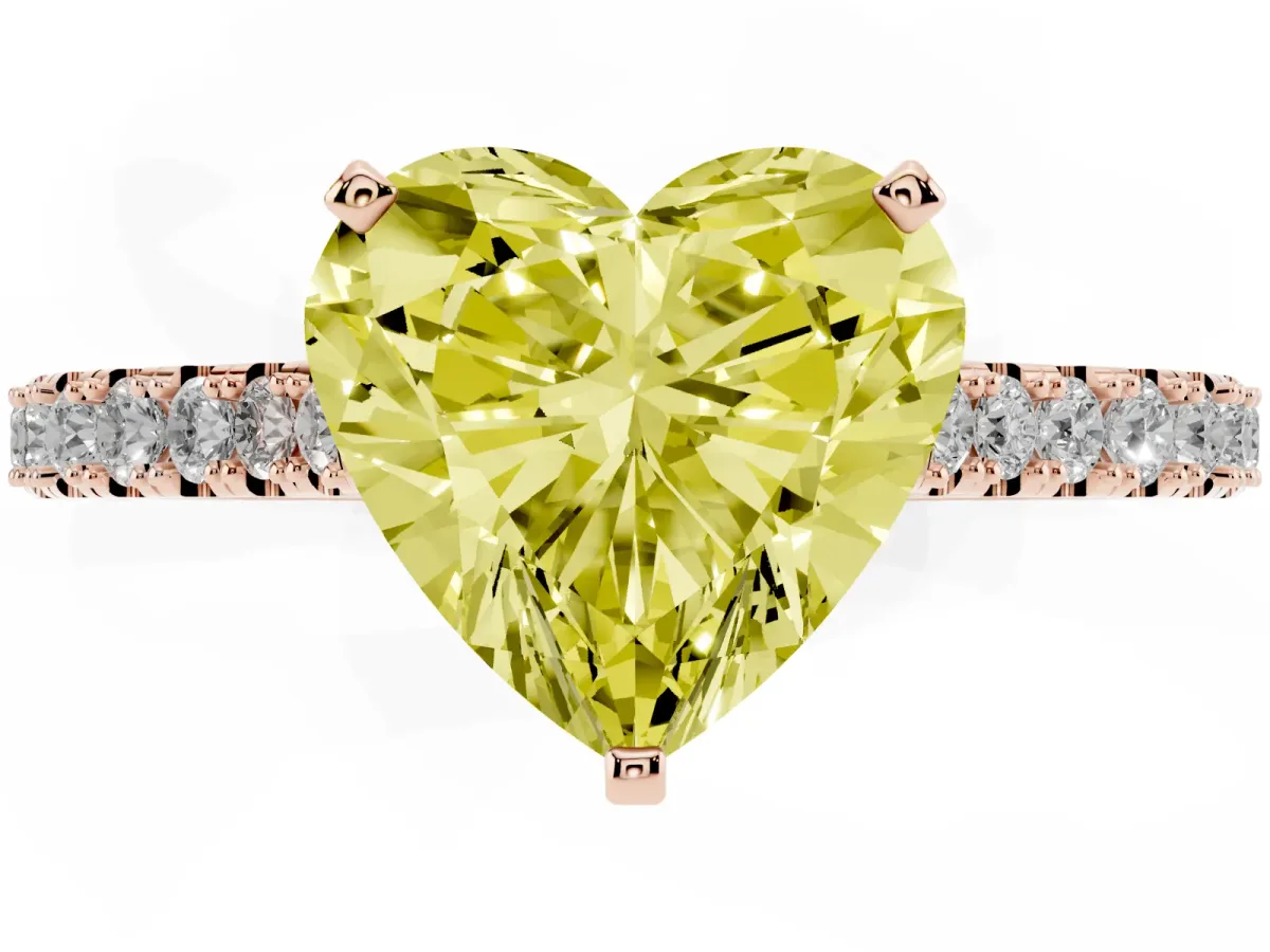 Fancy Yellow Heart Cut Cut Solitaire Diamond Engagement Ring with Pave Band and Four-Prong Setting Rose gold