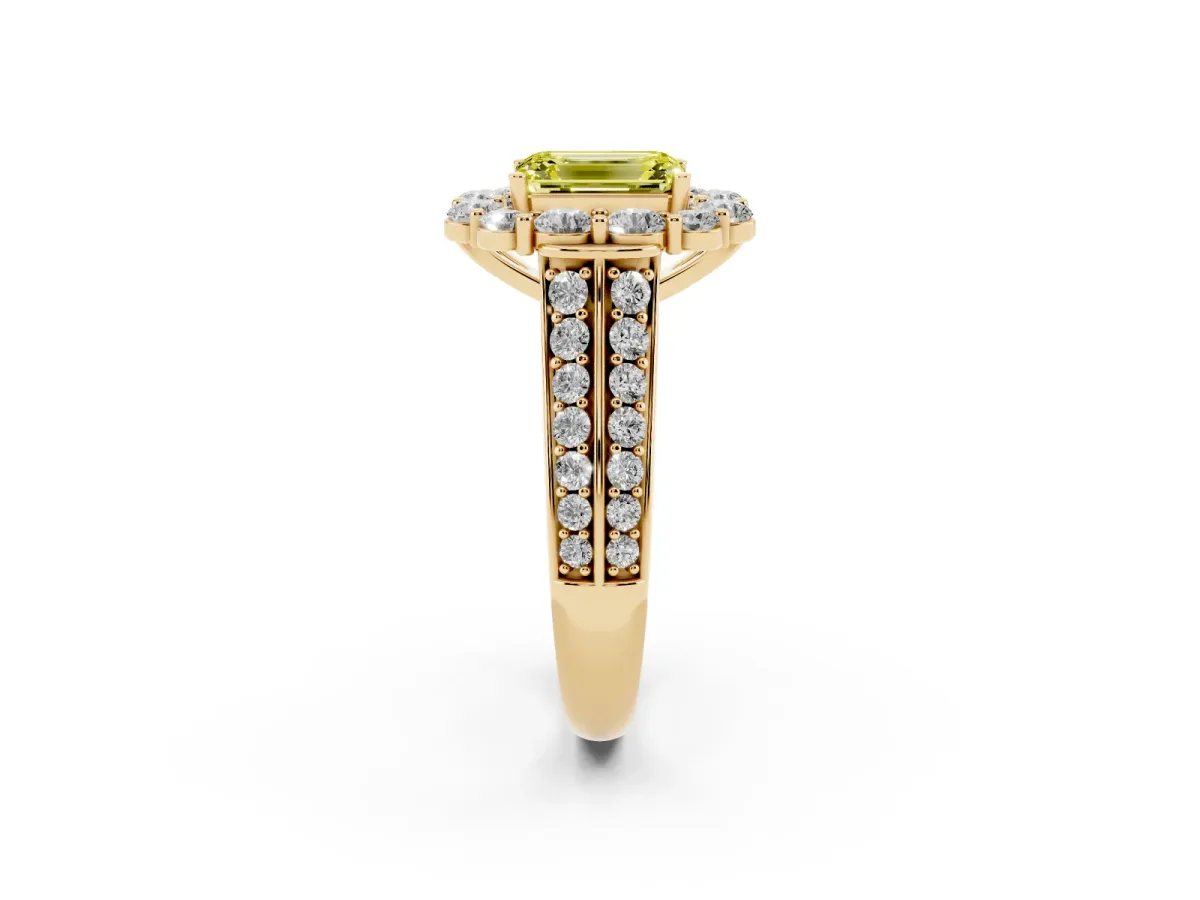 Fancy Yellow Emerald Cut Halo Diamond Engagement Ring with Split Shank and Prong Setting Yellow gold