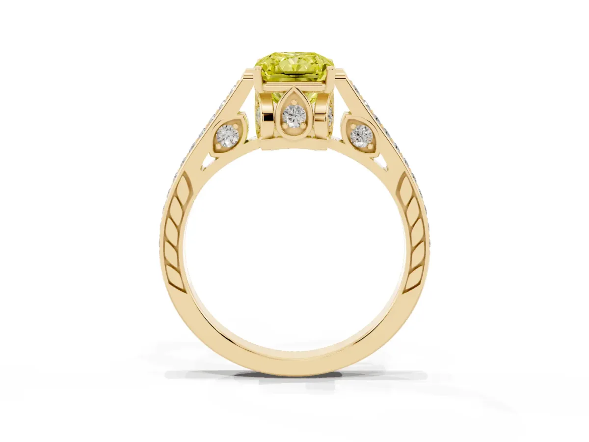 Fancy Yellow Radiant Cut Cut Cathedral Pave Diamond Engagement Ring with Six-Prong Setting Yellow gold