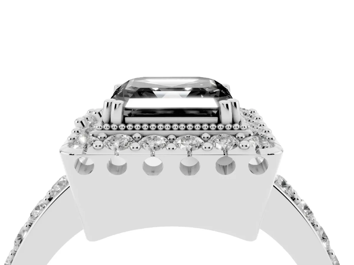 Fancy Black Asscher Cut Diamond Halo Ring with Pavé Band and Prong Setting Platinum
