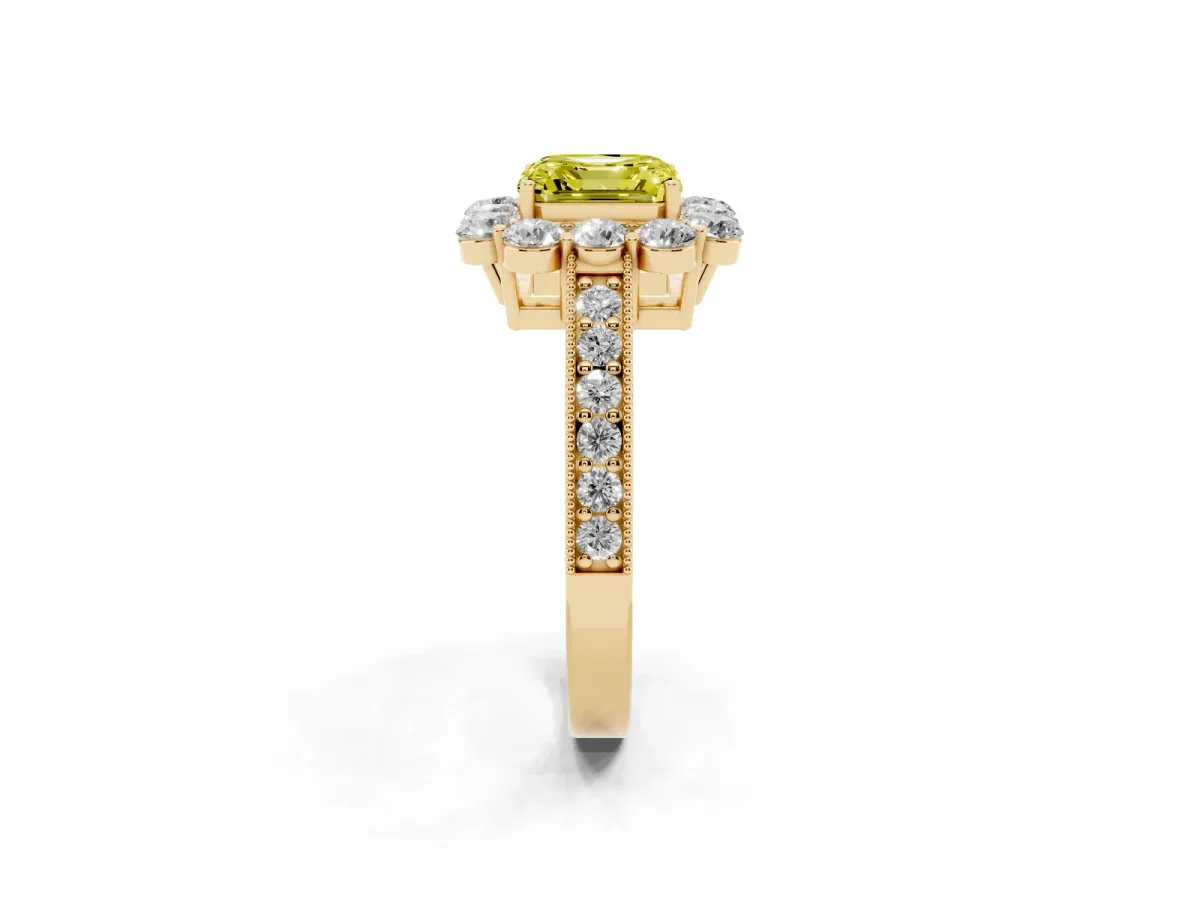 Fancy Yellow Asscher Cut Cut Halo Diamond Pavé Engagement Ring with Milgrain Detailing Yellow gold