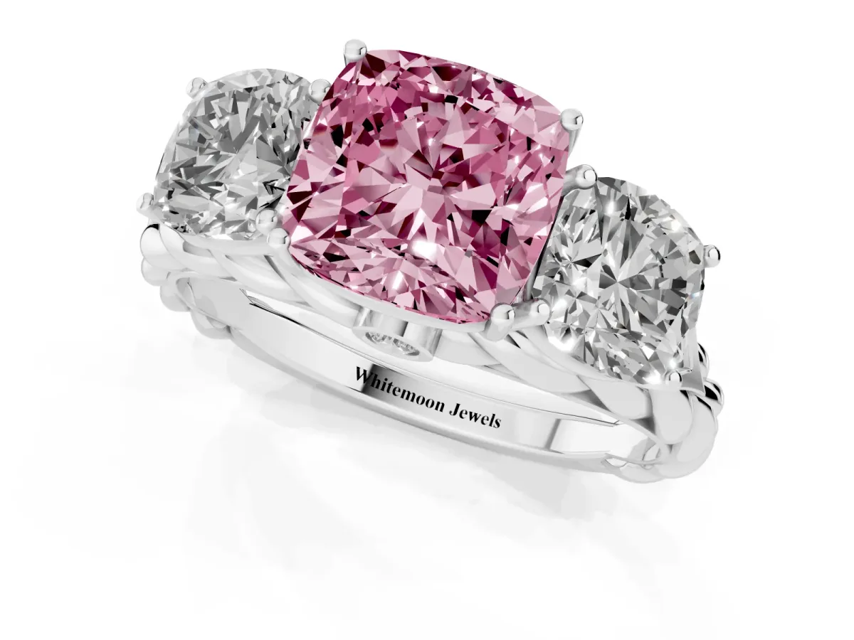 Fancy Pink Three-Stone Cushion Cut Diamond Braided Band Ring with Four-Prong Setting Platinum