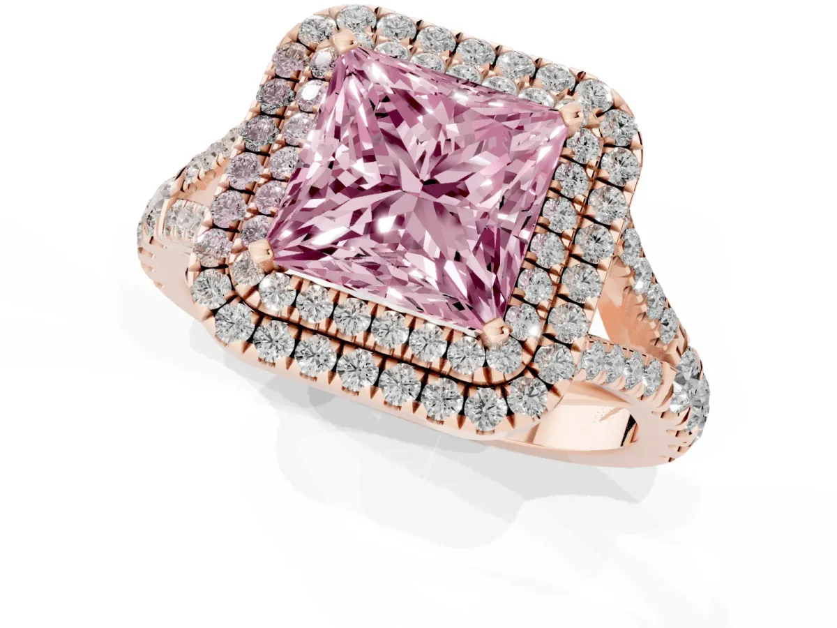 Fancy Pink Princess Cut Cut Double Halo Split Shank Diamond Ring with Prong Setting Rose gold