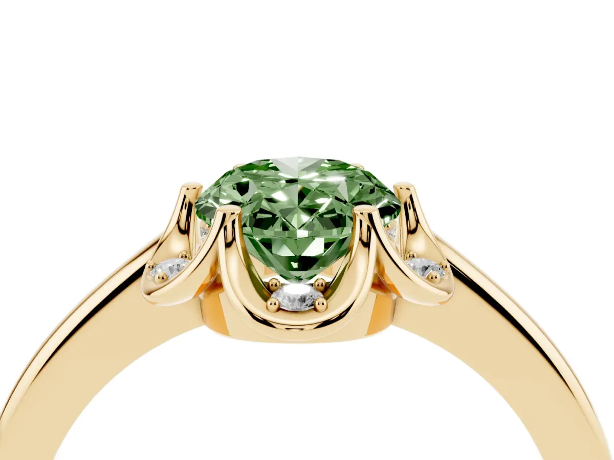 Fancy Green Oval Cut Halo Diamond Ring with Round Cluster Setting, Solitaire Band, and Four-Prong Setting Yellow gold
